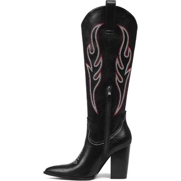 Women's Black Pu Rhinestones Embroidered Pointed Toe Chunky Heel Knee High Boots - Picture 7 of 7